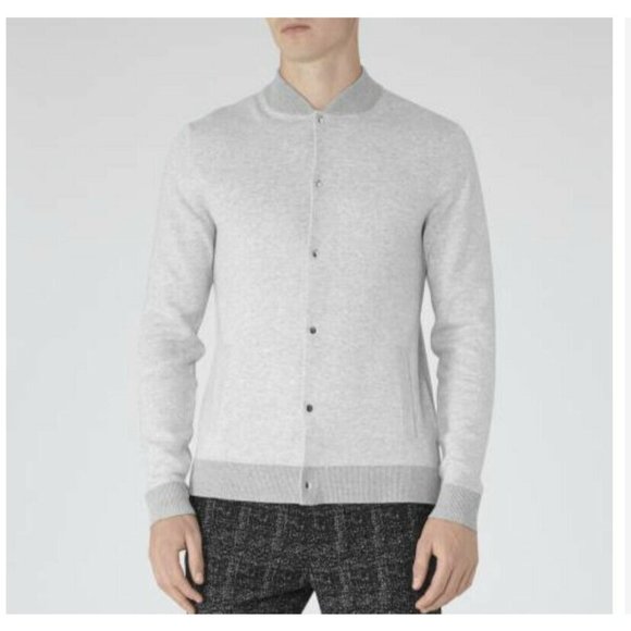 REISS Grey Fraiser Knitted Cotton Bomber Jacket - Picture 2 of 10